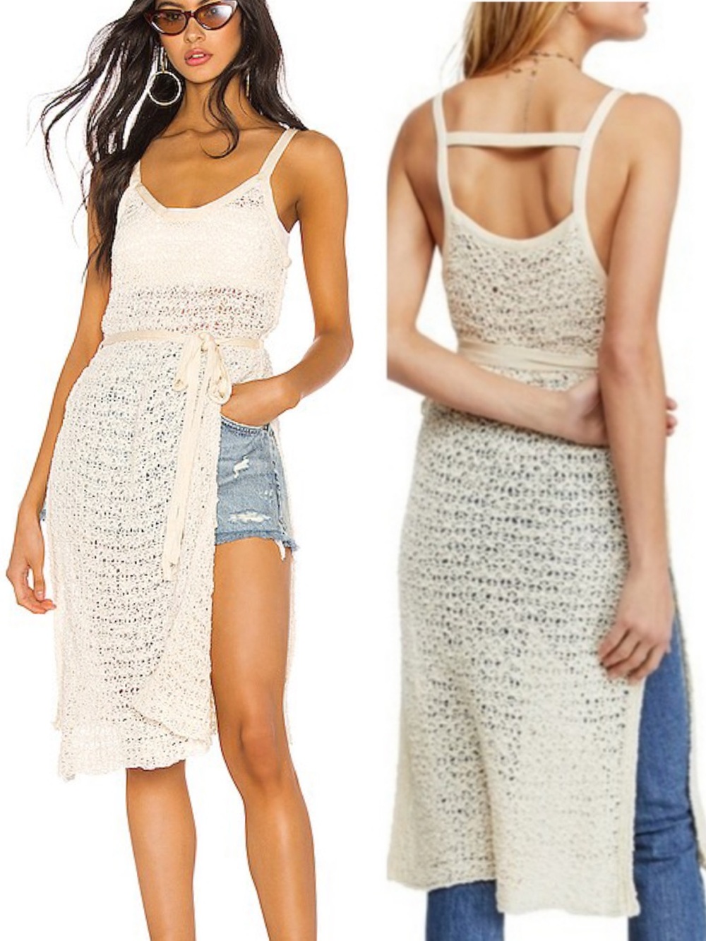 Free People Bottom of the Sea Ivory Crochet Knit Tie Waist Tunic - S